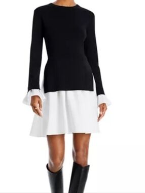 English Factory Poplin Knit Combo Mini Dress Large White Black Anthropology NWOT
